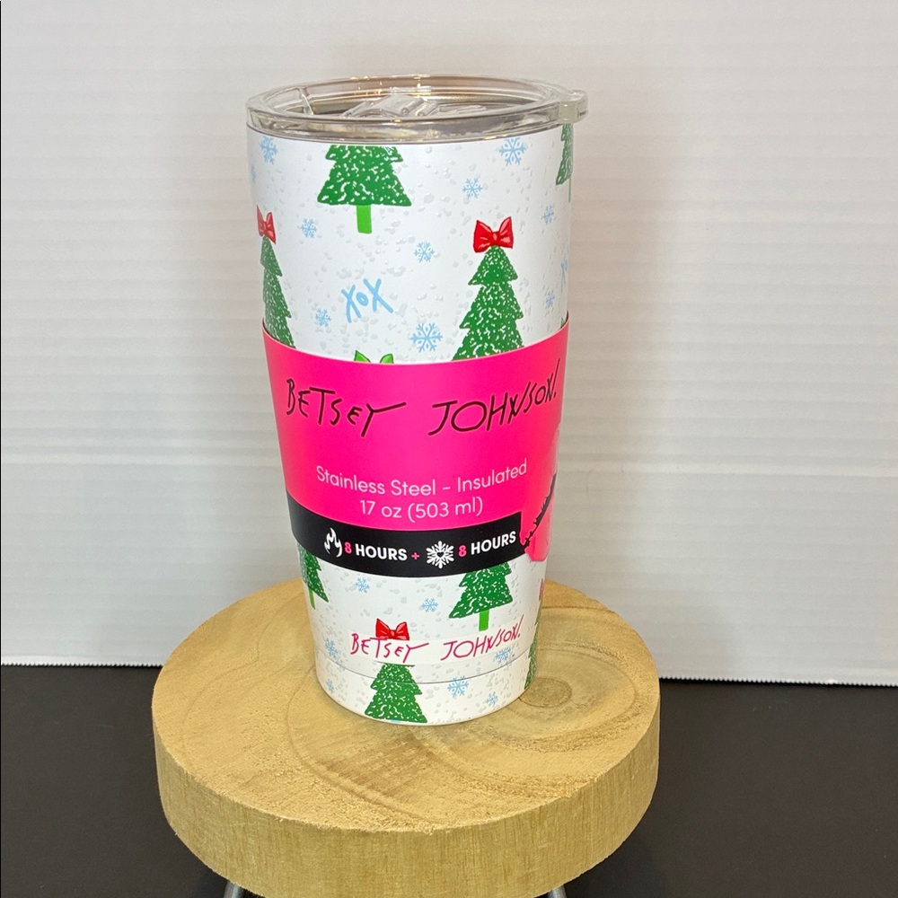 Betsey Johnson Festive Christmas Tree 🎄 Tumbler with Snow ❄️ White/Green/Blue